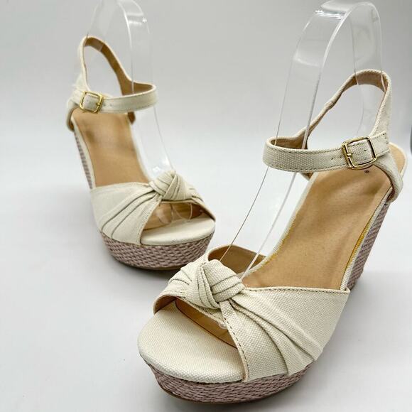 Delicious Sandal Womens 10 Cream‎ Sue Ankle Strap Knot Espadrille Wedge Sandal - Picture 1 of 9